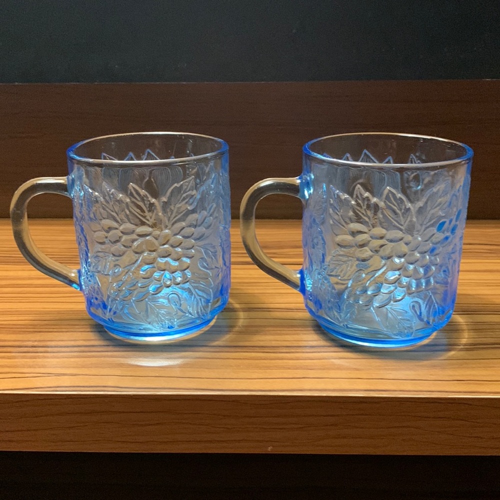 VINTAGE Set of 2 KIG Blue Glass Embossed Cups